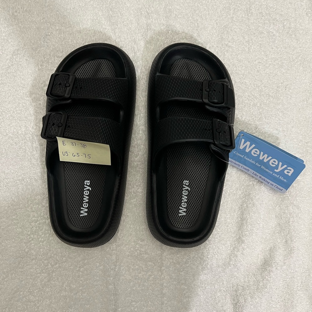 Weweya Black Cloud Pillow Sandals Adjustable Straps Size 6.5-7.5 (EU:37-38) New